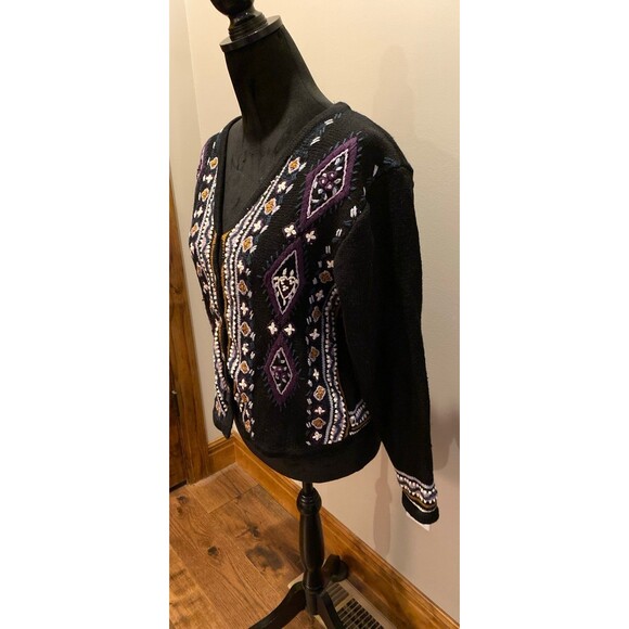 Vintage Christopher & Banks Sweater Cardigan Black Hand stitched Embroidery Med - Picture 4 of 12